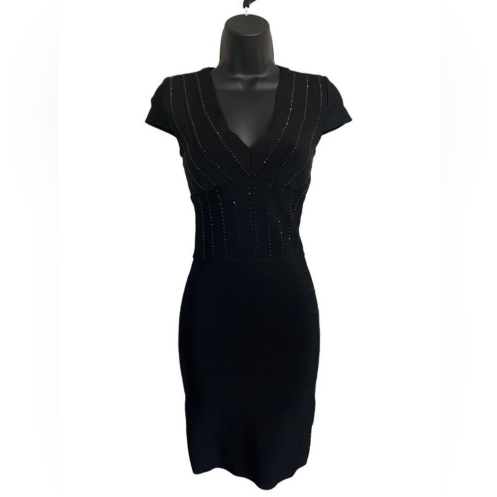 bebe Sexy Dress Bodycon Style Back-Zip Rhinestone Size S/P Black Rayon Nylon
